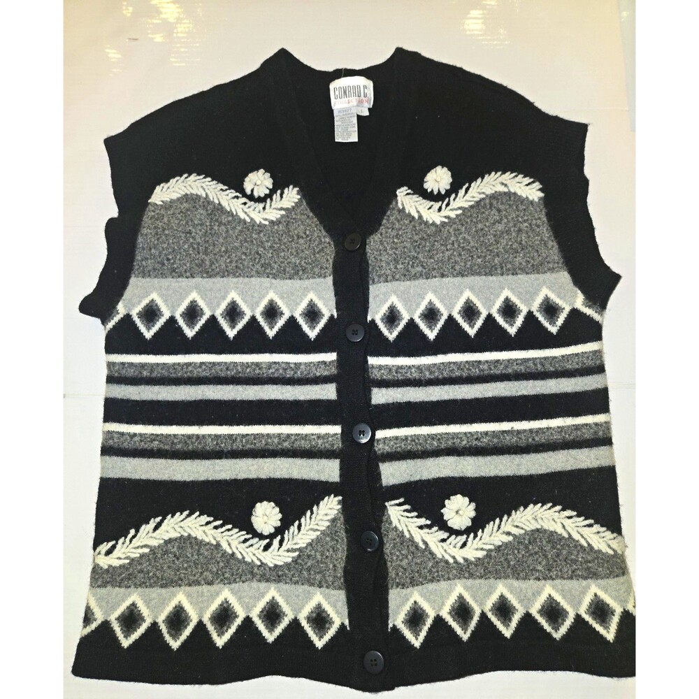 Vintage Conrad C. Wool Blend Sweater Vest Large Black Gray Nordic Floral L